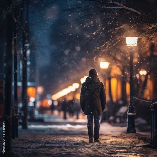 An individual walks away on a snow-covered urban pathway illuminated by the warm glow of streetlights