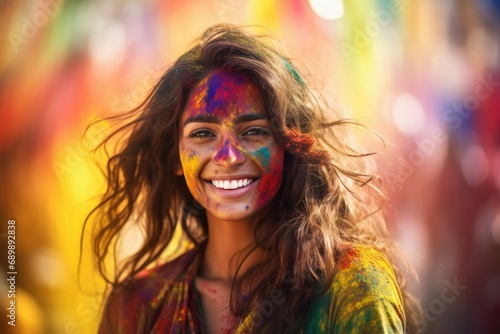 Indian festival of colors Holi. Portrait of a girl with glasses and colored paint on her face. Holiday. Joy.