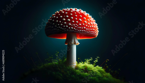 Fly Agaric mushroom (Amanita muscaria), showing its characteristic red cap with white spots, close up, black background 4K wallpaper photo