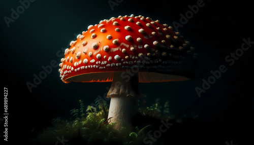 Fly Agaric mushroom (Amanita muscaria), showing its characteristic red cap with white spots, close up, black background