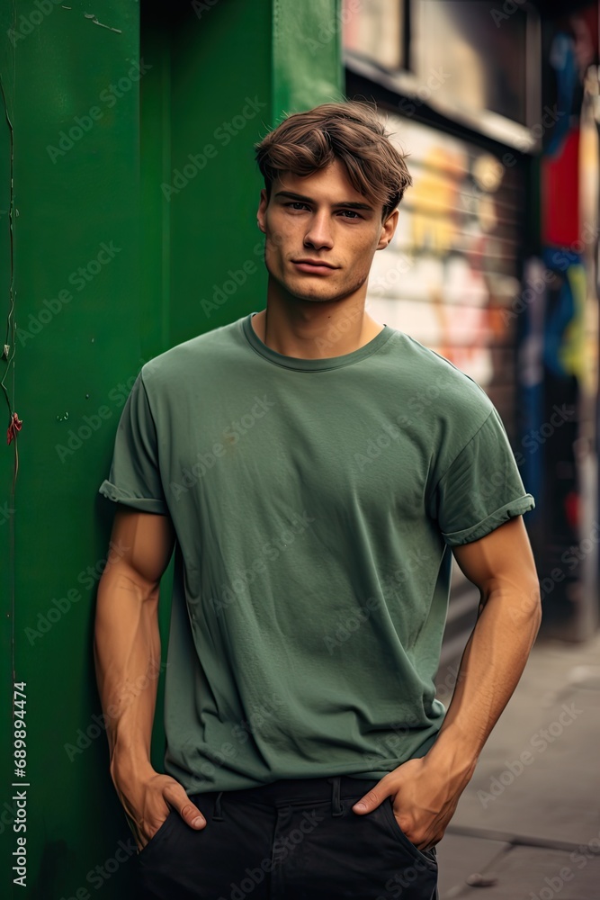 Man in a green T-shirt against the background of the city Man in a green T-shirt against the background of the city