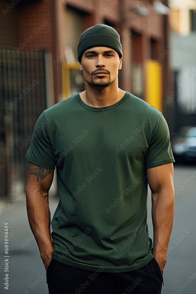 Man in a green T-shirt against the background of the city Man in a green T-shirt against the background of the city