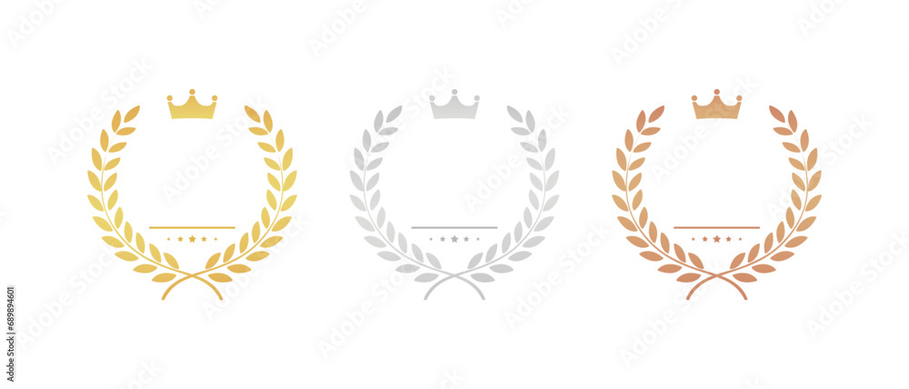 Gold, Silver, Bronze medals set. Vector award with laurel wreath. Round prize icon. Winner rank. Competition trophy ranking Gold, Silver, Bronze medals set. Vector award with laurel wreath. Round prize icon. Winner rank. Competition trophy ranking