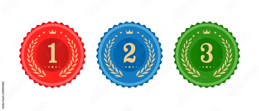 First, second and third medals set. Vector award with laurel wreath. Round prize icon. Winner rank. Competition trophy ranking - obrazy, fototapety, plakaty 