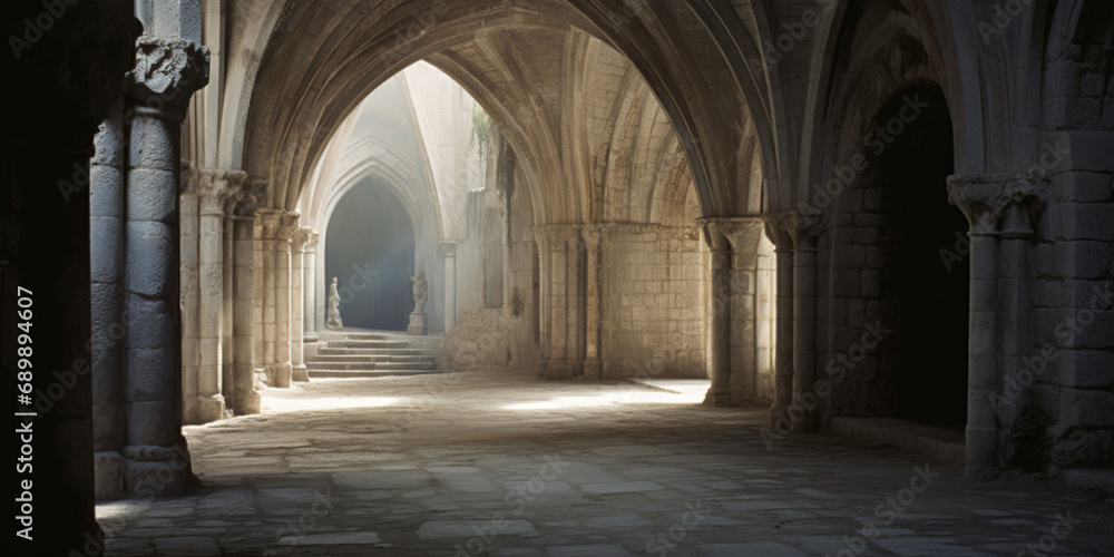 Obraz premium An old stone walkway lined with arches. Old church or abbey.