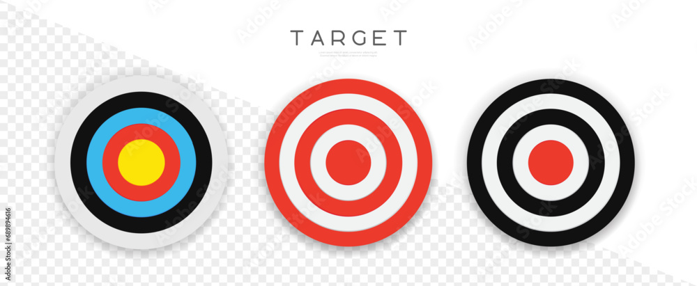 Archery target set. Targeting board icon set in different colours. Dart board target. Vector illustration