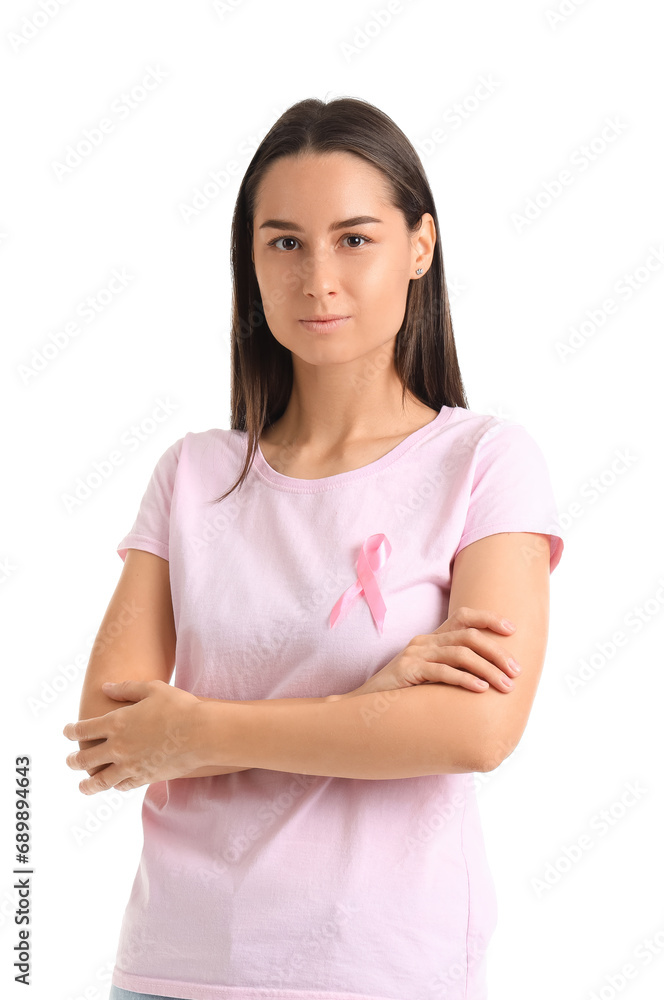 Young woman with awareness pink ribbon on white background. Breast cancer concept Young woman with awareness pink ribbon on white background. Breast cancer concept
