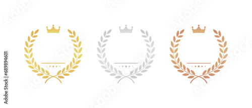 Gold, Silver, Bronze medals set. Vector award with laurel wreath. Round prize icon. Winner rank. Competition trophy ranking