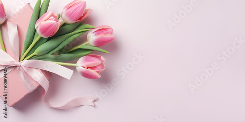 Gift box with a bouquet of pink tulips. Postcard template Happy Mother's Day, International Women's Day, Birthday, Valentine's Day