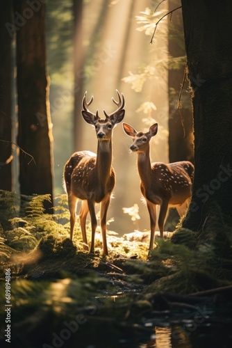 Two deer standing next to each other in a forest © Friedbert