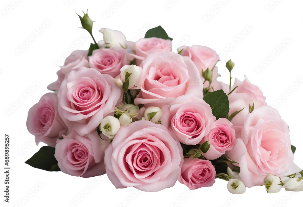 Pink rose and eustoma flowers in a corner floral arrangement isolated on white or transparent background