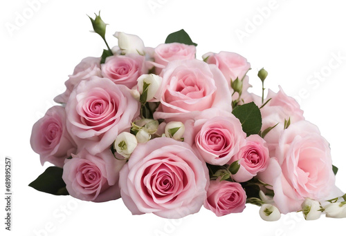 Pink rose and eustoma flowers in a corner floral arrangement isolated on white or transparent background © ArtisticLens