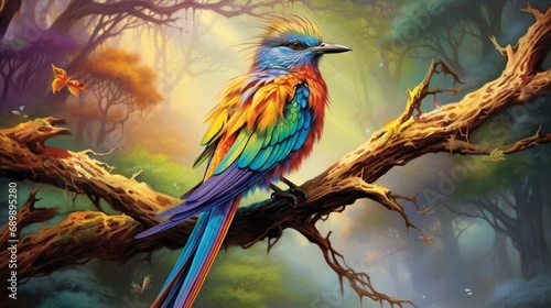 A majestic rainbow-colored bird perches gracefully on a gnarled, dead branch of a tree, its vibrant feathers shimmering in the sunlight - AI Generative