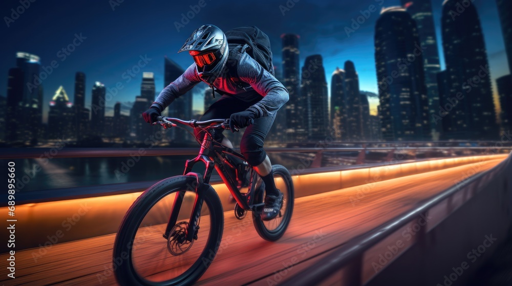 A man riding a bike on a bridge at night. Generative AI.