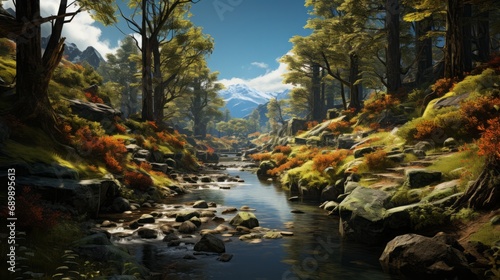 Enchanting Autumn Serenity  Captivating River s Stream Amidst Lush Forests and Majestic Mountain Scenery  generative AI
