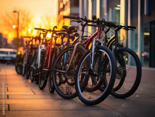 A row of bikes parked on the side of a street. Generative AI. © serg3d