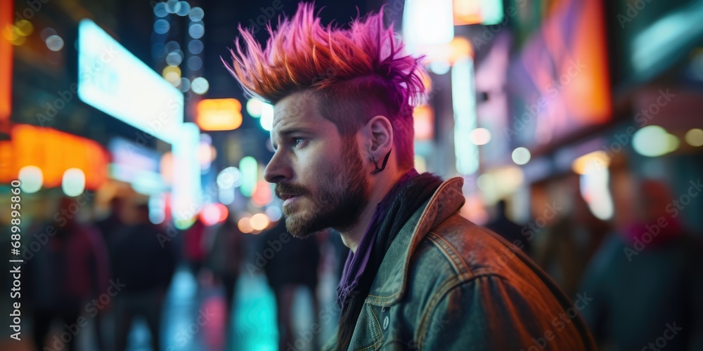 A man with a mohawk on a city street. Generative AI. A man with a mohawk on a city street. Generative AI.