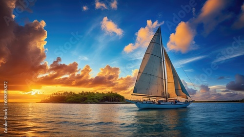 A sailboat in the ocean at sunset. Generative AI. photo