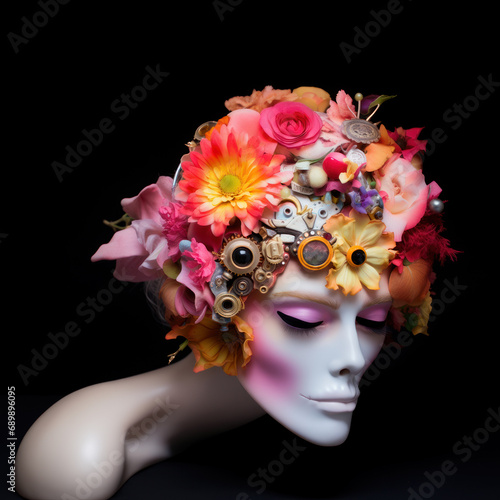 Creepy statue of woman's skull-head with flowers on black background © Kondor83