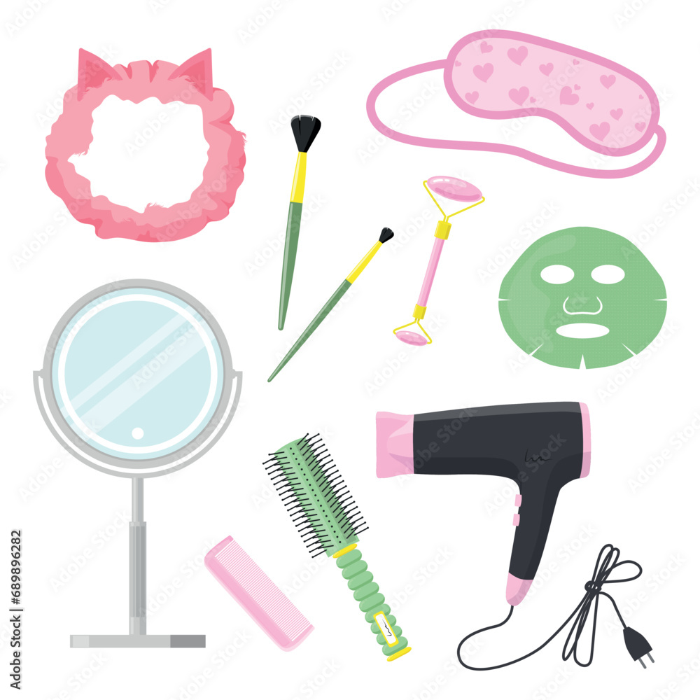 Set of beautiful girls' accessories in cartoon style. Vector illustration of various girly self-care devices: face mask, sleeping mask, makeup brushes, facial roller massager, mirror, hair