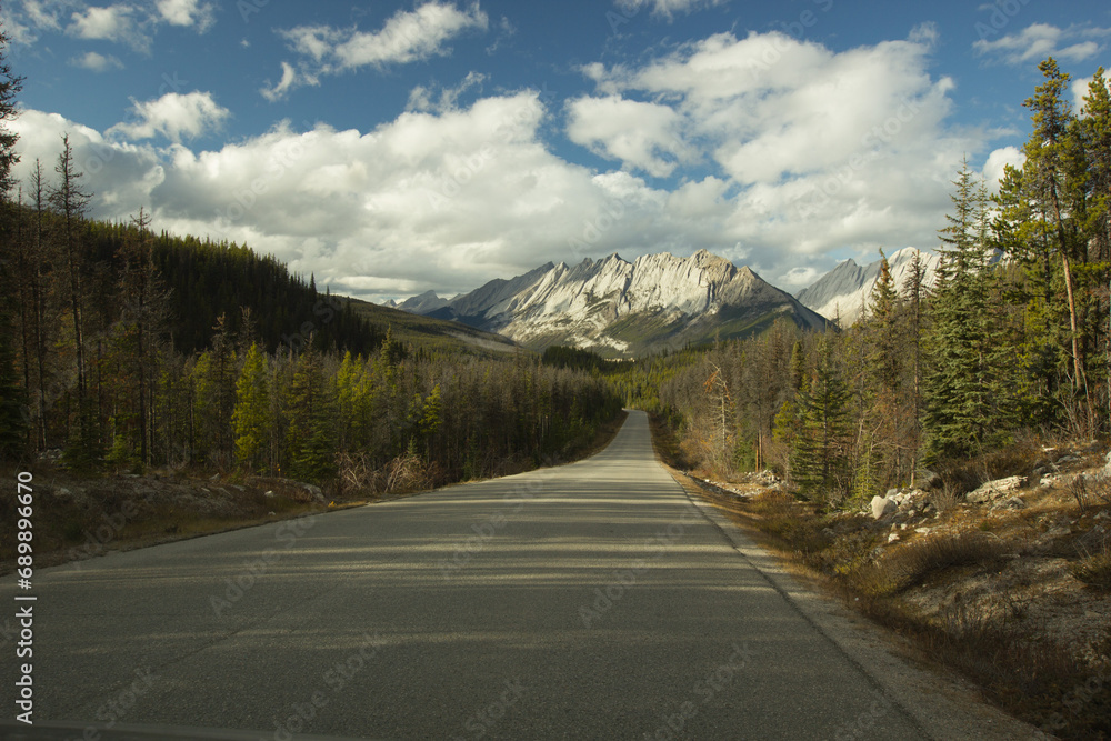 Icefields parkway with a stunning mountain panorama in the background