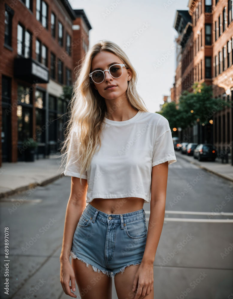 photo of beautiful woman with blonde hair and glasses standing at pavement street city, generative AI