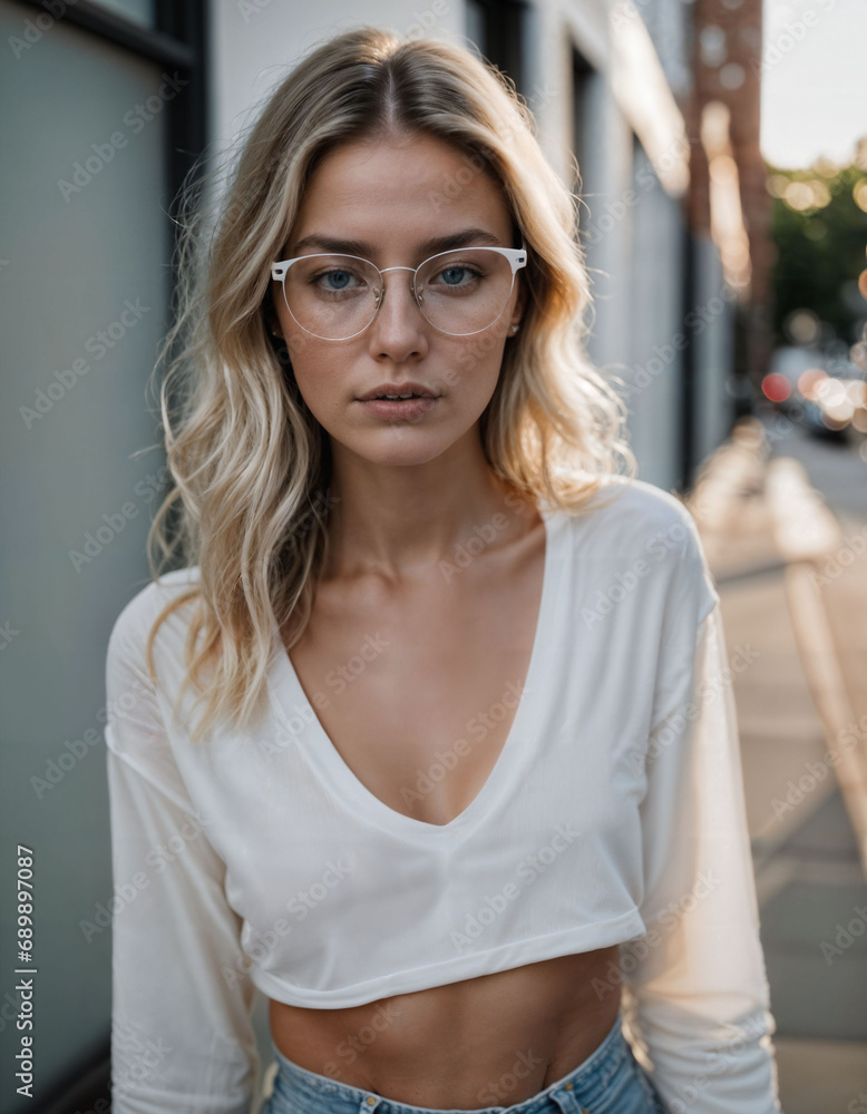 photo of beautiful woman with blonde hair and glasses standing at pavement street city, generative AI photo of beautiful woman with blonde hair and glasses standing at pavement street city, generative AI