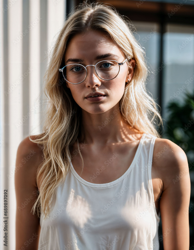photo of beautiful woman with blonde hair and glasses standing at pavement street city, generative AI photo of beautiful woman with blonde hair and glasses standing at pavement street city, generative AI