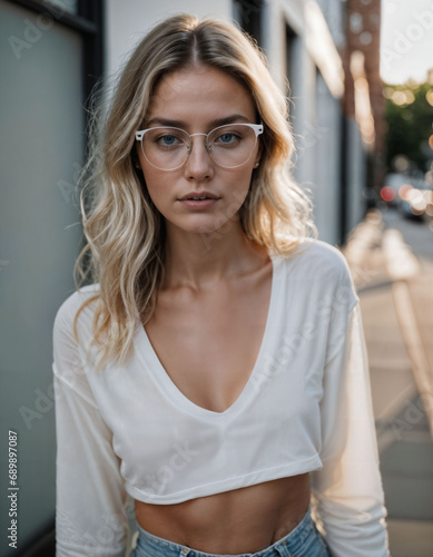 photo of beautiful woman with blonde hair and glasses standing at pavement street city, generative AI