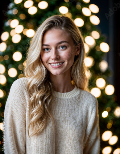 photo of beautiful woman with blonde hair in sweater standing in front of christmas tree , generative AI
