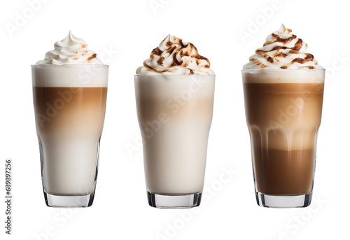 Three different latte macchiato isolated on transparent background