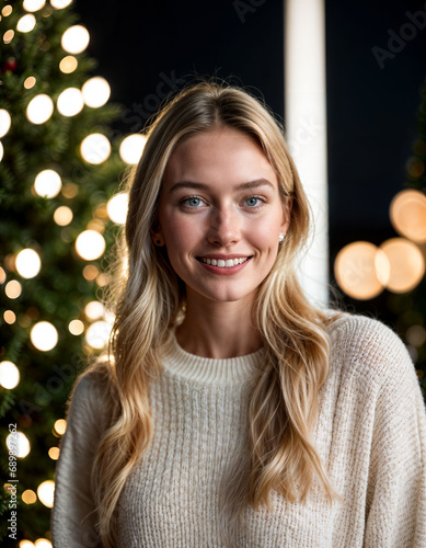 photo of beautiful woman with blonde hair in sweater standing in front of christmas tree , generative AI