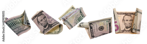 Set flying five dollars bill isolated on white, clipping path photo