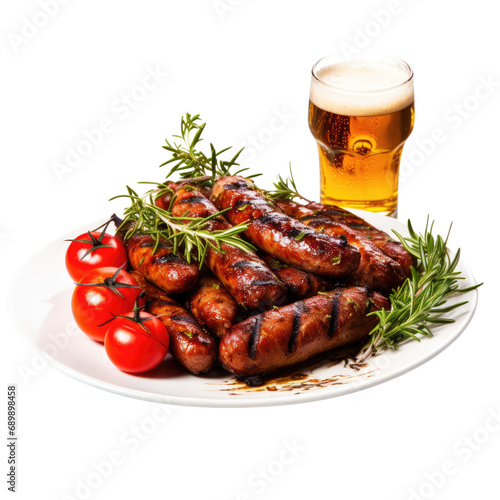 Grilled sausages with beer, herbs, and tomato on transparent background.