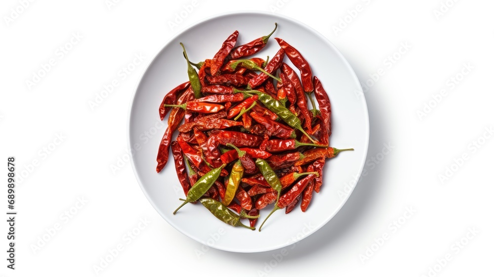 Dried red chilies and green chilies on a plate seen from above in a white background Dried red chilies and green chilies on a plate seen from above in a white background