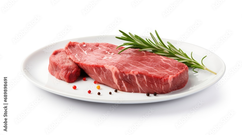 Fresh Beef with Fresh Rosemary in a Plate on White Background
