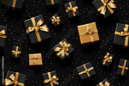 Seamless pattern of gold and black gift boxes or presents with gold ribbon on black background