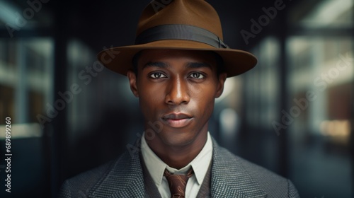 Photorealistic Adult Black Man with Brown Straight Hair Vintage Illustration. Portrait of a person wearing hat, retro 20s movie style. Retro fashion. Ai Generated Horizontal Illustration.