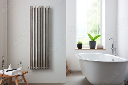 Bright bathroom with vertical radiator and green plants