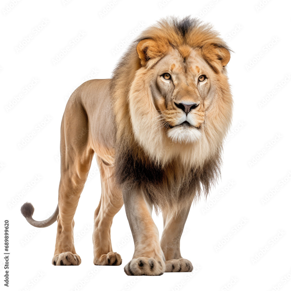 Isolated lion walking, facing camera, side view, 10 years old