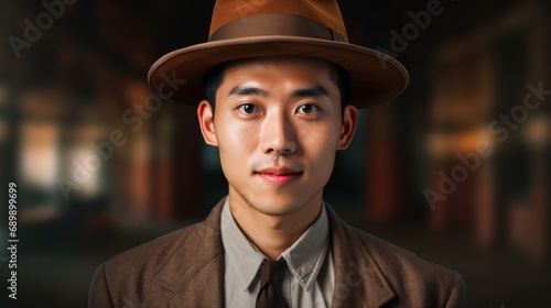 Photorealistic Adult Chinese Man with Brown Curly Hair Vintage Illustration. Portrait of a person wearing hat, retro 20s movie style. Retro fashion. Ai Generated Horizontal Illustration.