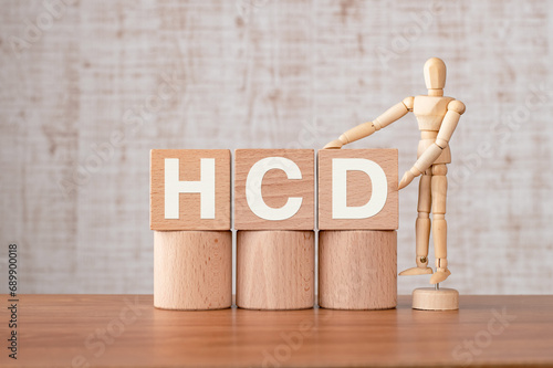 There is wood cube with the word HCD. It is an abbreviation for Human Centered Design as eye-catching image. photo