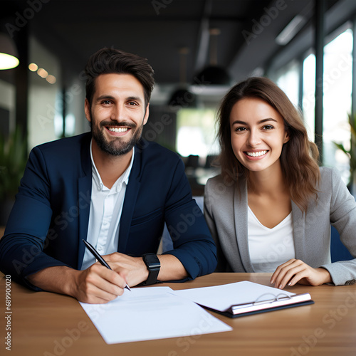 Business people man and woman smiling and women looking man and man looking signing paper with pen , office decoratiive and relistic also photo