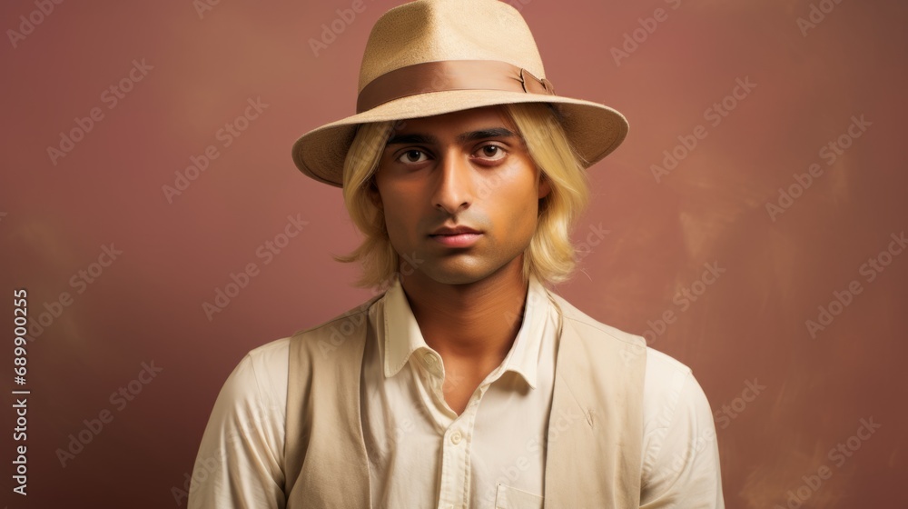 Photorealistic Adult Indian Man with Blond Straight Hair Vintage Illustration. Portrait of a person wearing hat, retro 20s movie style. Retro fashion. Ai Generated Horizontal Illustration. Photorealistic Adult Indian Man with Blond Straight Hair Vintage Illustration. Portrait of a person wearing hat, retro 20s movie style. Retro fashion. Ai Generated Horizontal Illustration.