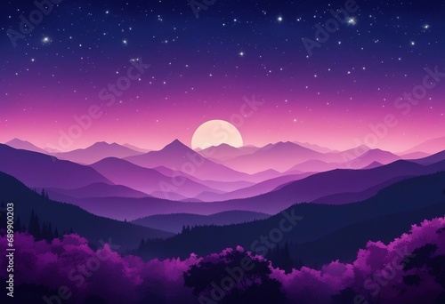 Blue and purple landscape with silhouettes of mountains hills and forest and stars in the sky