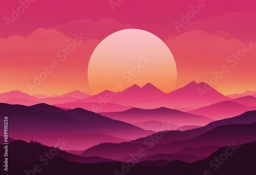Landscape with orange and red silhouettes of mountains and hills with sunset pink sky 