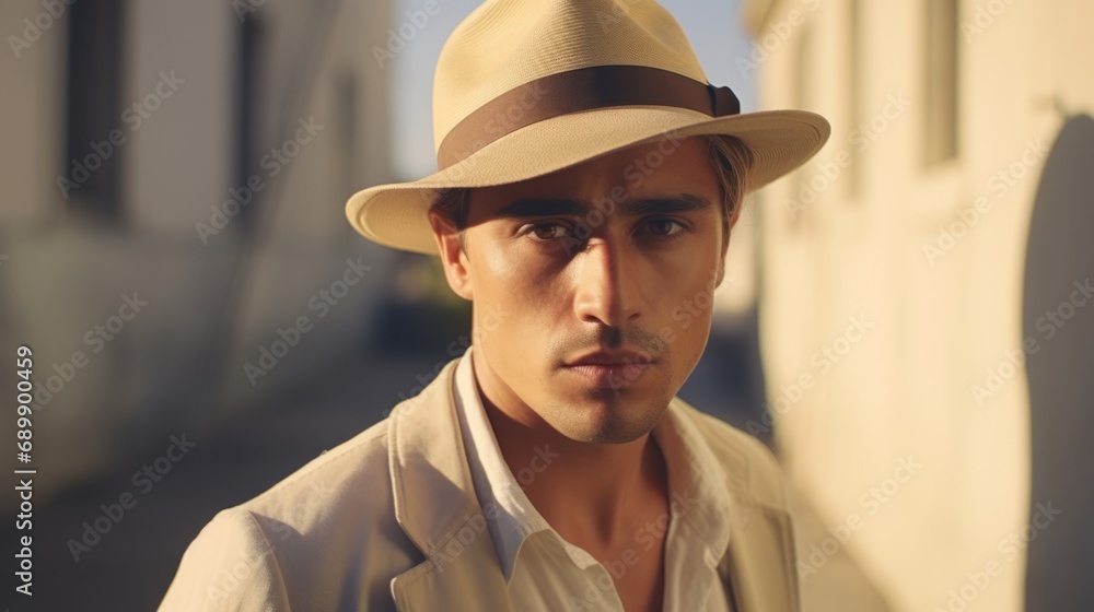 Photorealistic Adult Latino Man with Blond Straight Hair Vintage Illustration. Portrait of a person wearing hat, retro 20s movie style. Retro fashion. Ai Generated Horizontal Illustration.