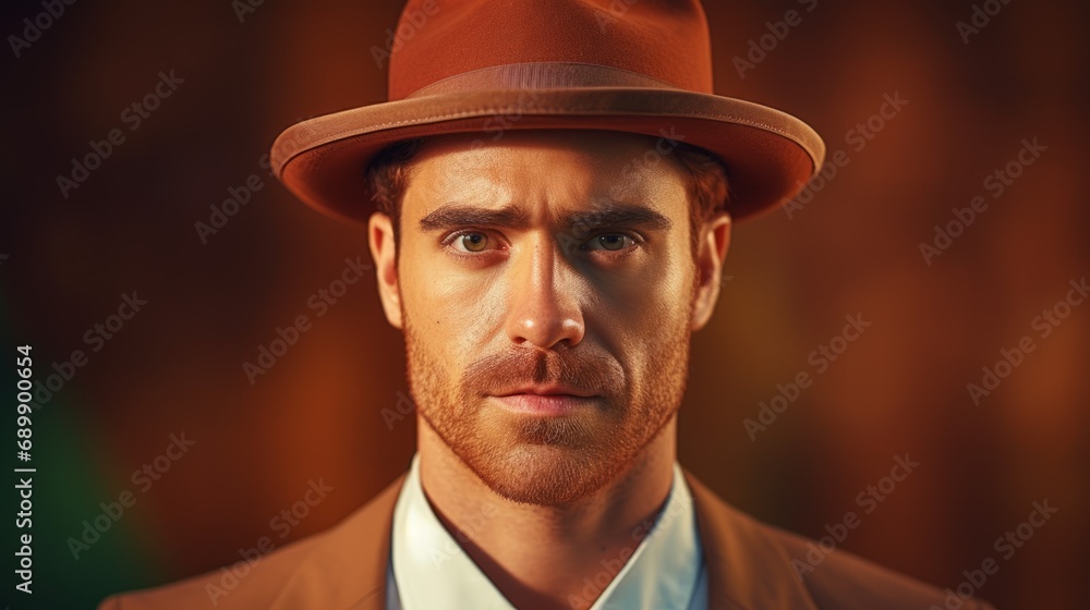 Photorealistic Adult Latino Man with Red Straight Hair Vintage Illustration. Portrait of a person wearing hat, retro 20s movie style. Retro fashion. Ai Generated Horizontal Illustration.