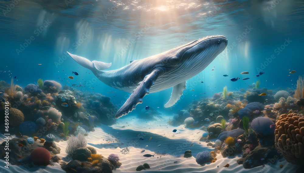 Fototapeta premium Majestic Whale's Underwater Ballet in the Ocean's Depths