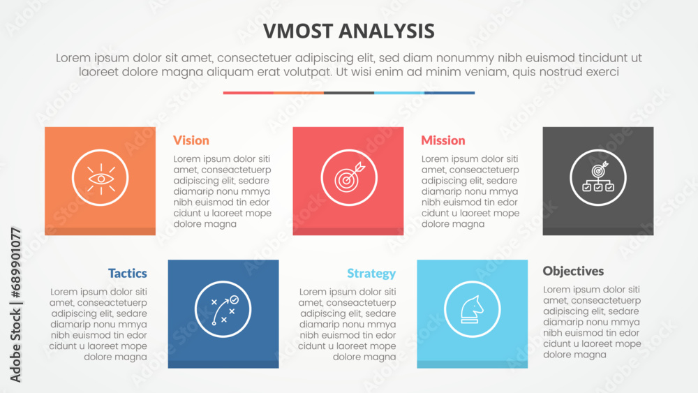 vmost analysis template infographic concept for slide presentation with square shape combination up and down with 5 point list with flat style